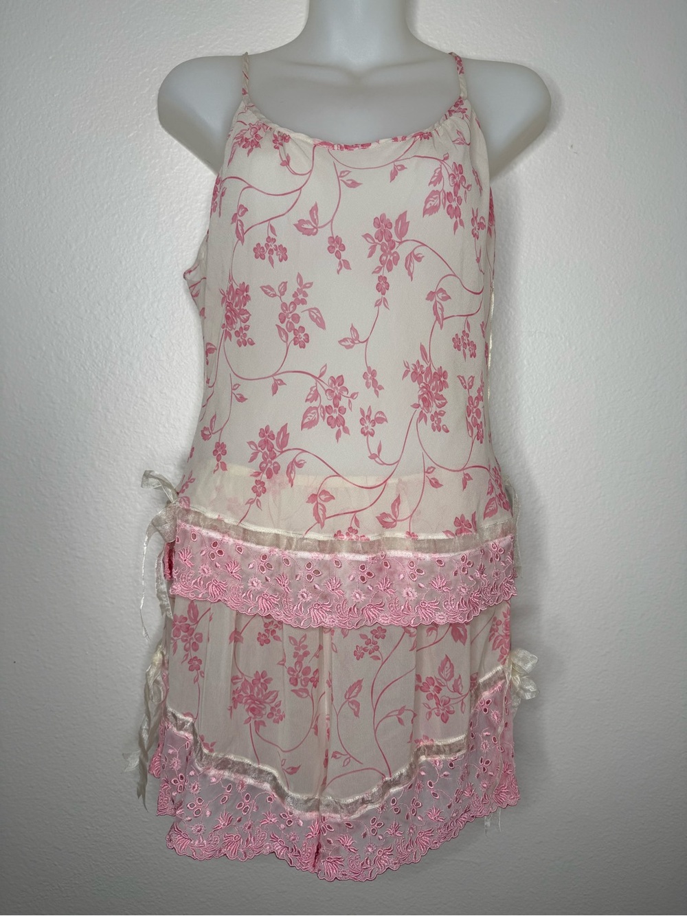 Vintage Silk Pink Floral Lace-Trim Sleep Set Lg